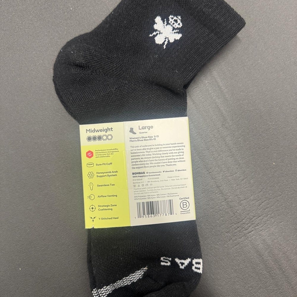 Bombas Black Midweight Socks All Performance Hec Tex Size Large - Picture 4 of 6